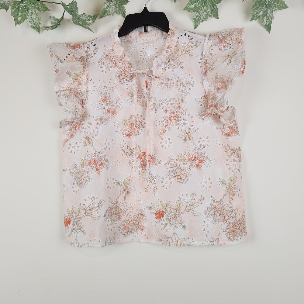 Solitaire Size L Floral Eyelet Ruffle Sleeve Pastel Boho Cottagecore Top Blouse